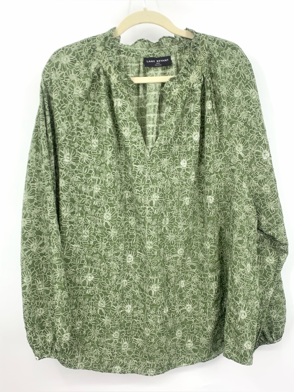 Lane Bryant Women Size 22 24 2X Shirt Green White Floral Blouse Popover Tunic